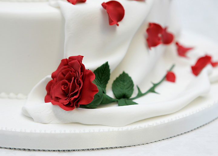 Red Rose & Drape Wedding Cake, Hand Made Sugar Crafted Flower & Sugar Drape