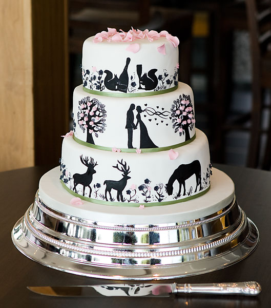 Handpainted 'New Forest Themed' Silhouette Wedding Cake, Topped with Pink Sugar Petals.
