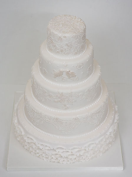 Five Tier White Lace with Ruffles Wedding Cake