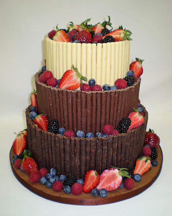 Luxury 3 Chocolate and Fruit Wedding Cake, 3 tier stacked