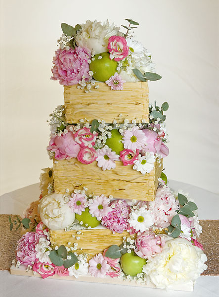 'Stack of Crates' Wedding Cake with an Abundance Fresh Flowers & Fruits.