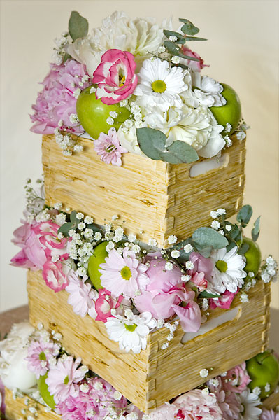 'Stack of Crates' Wedding Cake with an Abundance Fresh Flowers & Fruits.