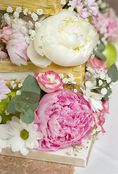 'Stack of Crates' Wedding Cake with an Abundance Fresh Flowers & Fruits.