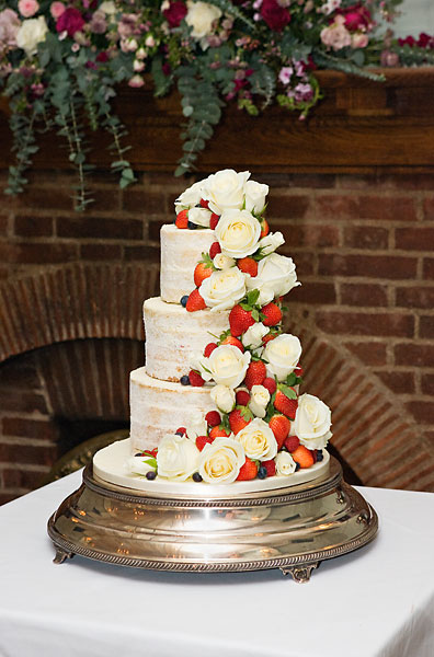 Naked Wedding Cake with White Roses & Summer Berries