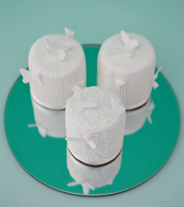 White Elegance Individual Wedding Cakes, White Stripe Butterflies, White Cornelli Wedding Cakes